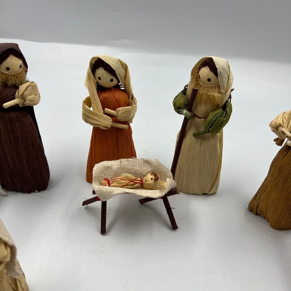 Vintage Set Corn Husk Dolls Christmas Nativity Scene 8 Pieces Handmade Decor - Picture 9 of 10